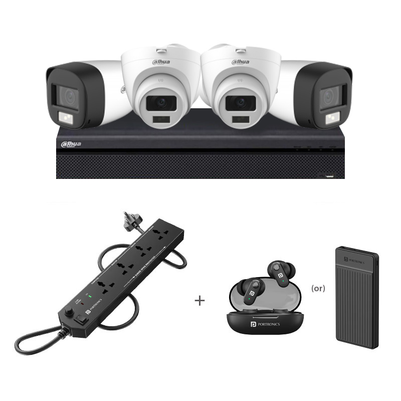 Picture of Dahua 4 CCTV Cameras Combo (2 Indoor & 2 Outdoor CCTV Cameras) (Colour View With Mic) 👨🏻‍🔧 With CCTV Installation + 4CH DVR + HDD + Accessories + Power Supply + 90m Cable +Portronics Power Plate 10 + Portronics 10000 mAh Power Bank (or) Portronics Harmonics Twins S16 Earbuds